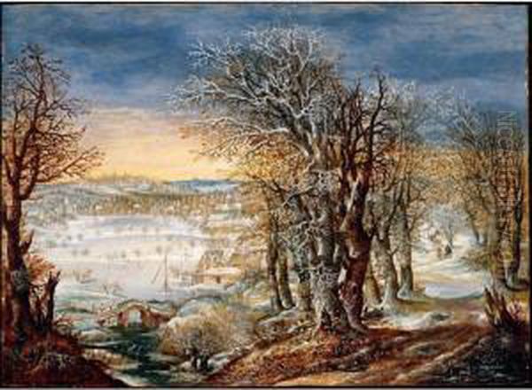 A Winter Landscape In The Foret De Soignes, With The Flight Into Egypt Oil Painting by Denys Van Alsloot