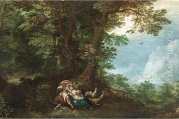 An Extensive Wooded Landscape With Cephalus And Procris Oil Painting by Denys Van Alsloot