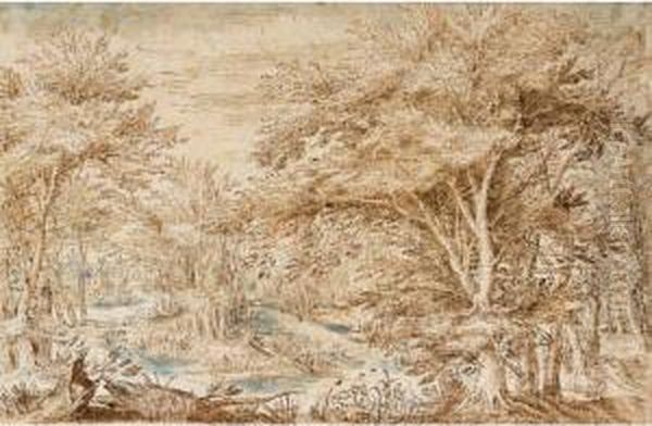 Heavily Wooded Landscape With A Distant Castle By A Stream Oil Painting by Denys Van Alsloot