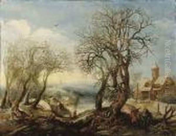 An Extensive Winter River Landscape With The Flight Into Egypt Oil Painting by Denys Van Alsloot