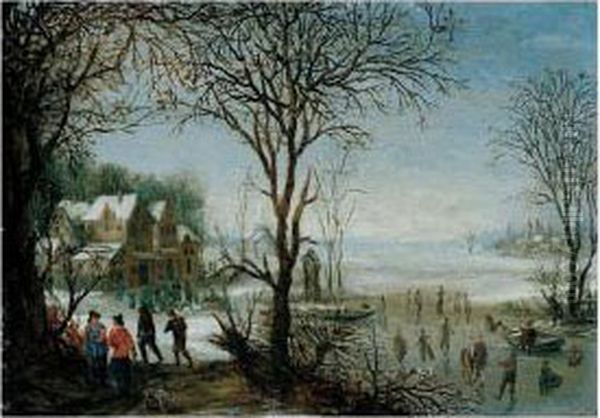 Winter Landscape With Sportsmen And Skaters Near A Village Oil Painting by Denys Van Alsloot