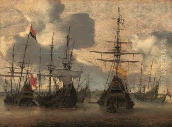 Dutch Men-o-war Anchored Off The Coast Oil Painting by Hendrik van Anthonissen