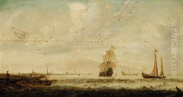 A Frigate And Other Shipping Off A Coastline Oil Painting by Hendrik van Anthonissen