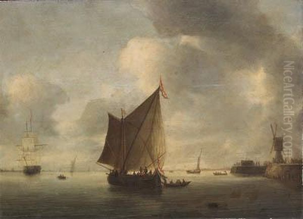 Dutch Shipping Becalmed In An Estuary Oil Painting by Hendrik van Anthonissen