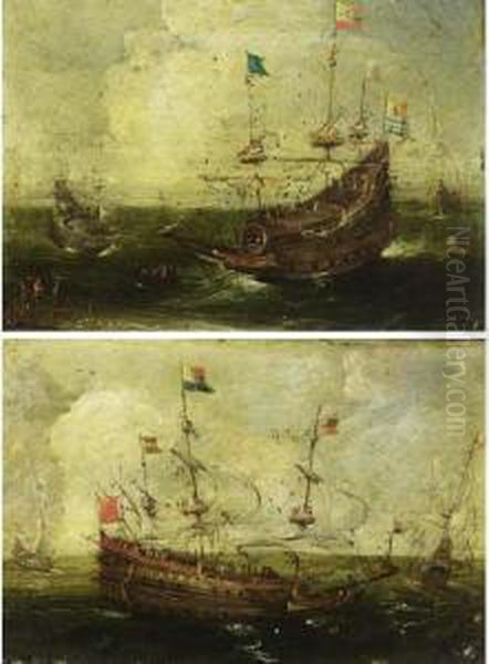 A Heavily Armed Dutch 
Four-master And Other Ships At Open Sea ; A Heavily Armed Merchantman, 
With The Flag Of Zealand, A Rowing Boat And Other Ships At Sea, Together
 With Figures Standing On A Beach Oil Painting by Aert Anthonisz