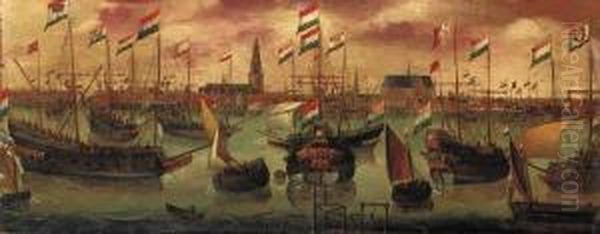 The Dutch Fleet Off Amsterdam Oil Painting by Aert Anthonisz