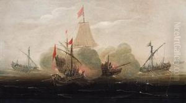 A Naval Engagement With Barges Attacking A Man-o'-war Oil Painting by Aert Anthonisz