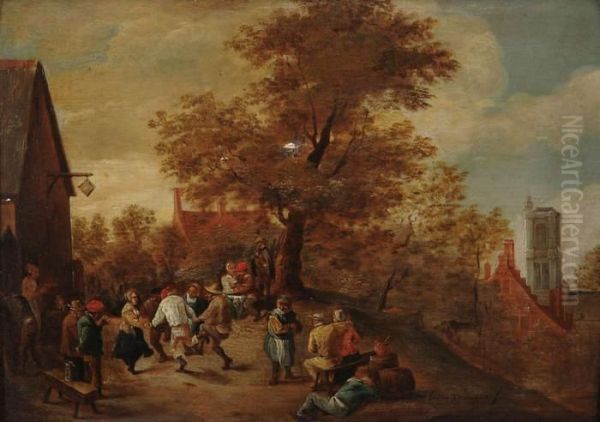 Dorpstafereel Met Feestvierendeboeren. Oil Painting by Thomas Van Apshoven