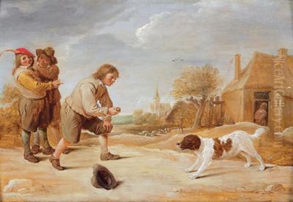 Tre Ragazzi Di Campagna Con Un Cane Oil Painting by Thomas Van Apshoven