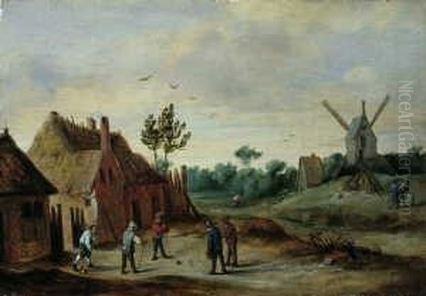 Bauern Beim Kolfspiel. Im Hintergrund Eine Windmuhle. Oil Painting by Thomas Van Apshoven