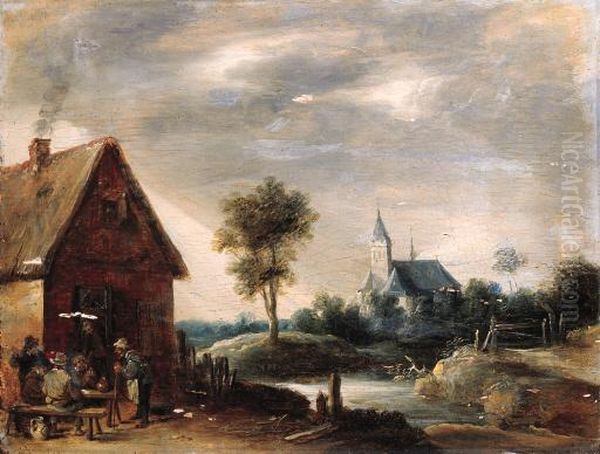 Boors Playing At Cards Outside An Inn, A Church By A Riverbeyond Oil Painting by Thomas Van Apshoven