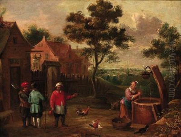 Peasants Conversing On A Track By A Well In A Village Oil Painting by Thomas Van Apshoven