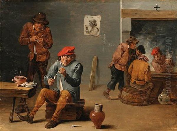 Peasants Smoking And Drinking In A Tavern Interior Oil Painting by Thomas Van Apshoven