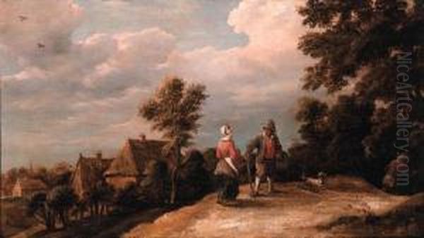 Peasants Returning From Market On A Sandy Path By A Village Oil Painting by Thomas Van Apshoven