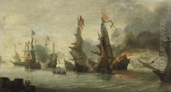 A Naval Engagement Between The Christians And The Turks Oil Painting by Andries Van Eertvelt