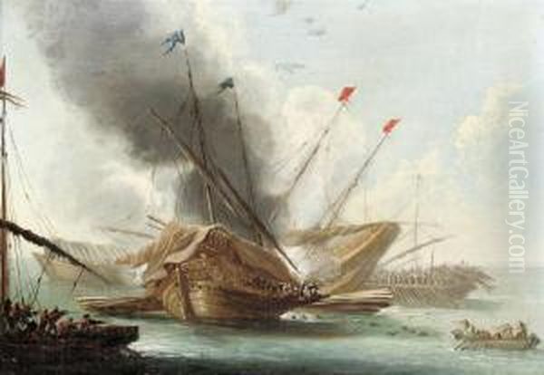 Ottoman Galeasses And Other Shipping Exchanging Fire Oil Painting by Andries Van Eertvelt