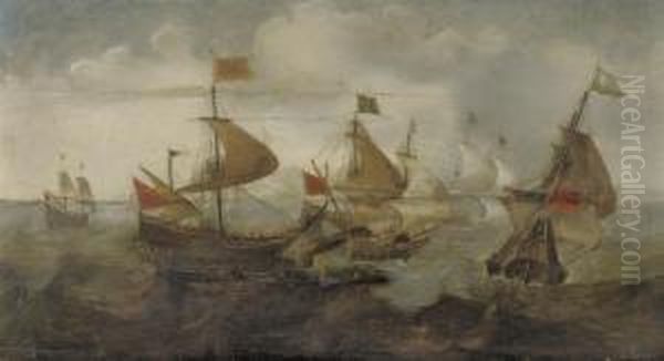 A Naval Battle Between Turks And Christians Oil Painting by Andries Van Eertvelt