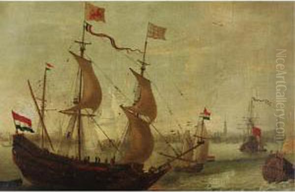 Ships In Antwerp Harbor Oil Painting by Andries Van Eertvelt