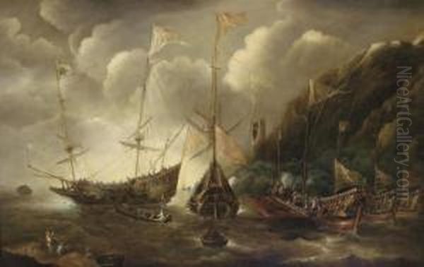 A Mediterranean Capriccio Of A 
Sea Fight Between European Merchantmen And Ottoman Galeasses Oil Painting by Andries Van Eertvelt