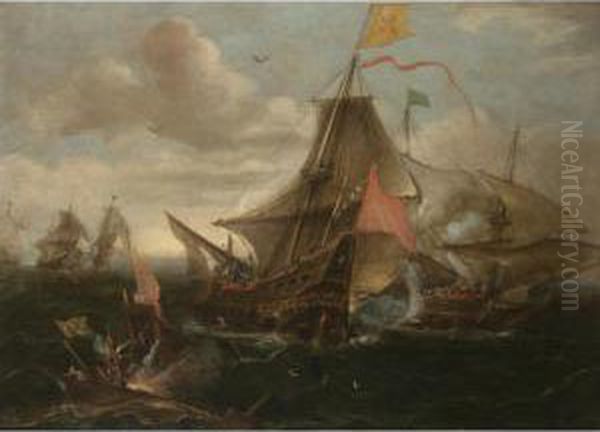 A Naval Engagement Between Spanish Men-o'-war And Turkish Galleys In Heavy Seas Oil Painting by Andries Van Eertvelt