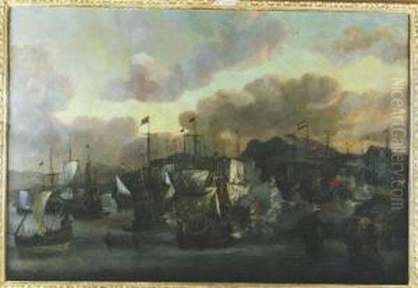 Naval Engagement Off Martinique, West Indies Oil Painting by Andries Van Eertvelt