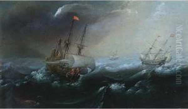 Galleons On Stormy Seas Oil Painting by Andries Van Eertvelt