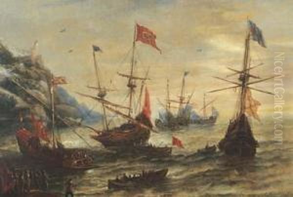 A Coastal Landscape With Frigates And Soldiers In A Breeze Oil Painting by Andries Van Eertvelt