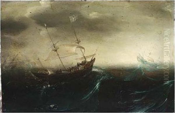 Galleons On Stormy Seas Oil Painting by Andries Van Eertvelt