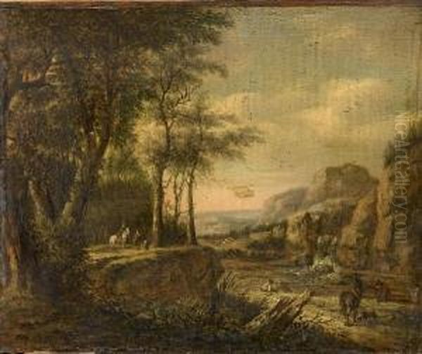 A River Landscape With Horsemen Resting Beside A Waterfall Oil Painting by Pieter Jansz. van Asch