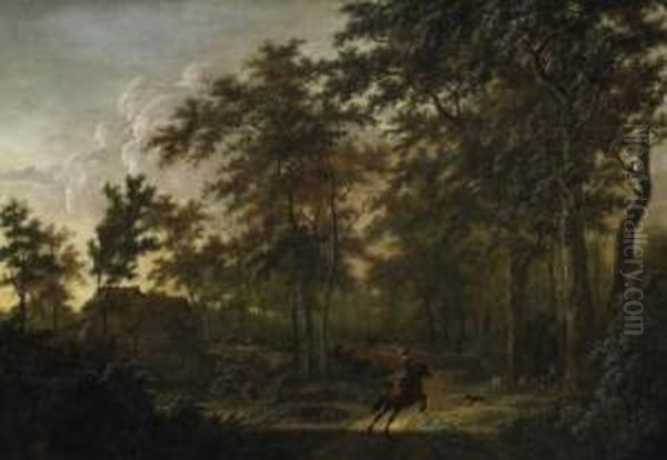 Large Summerly Forest Landscape With Hunters. Signed Bottom Right: P.v. Asch Oil Painting by Pieter Jansz. van Asch