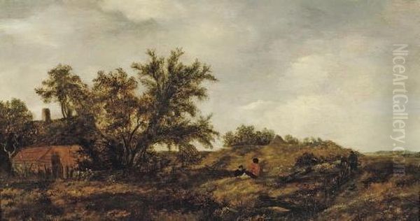 An Extensive Dune Landscape With Figures Resting, A Cottage Nearby Oil Painting by Pieter Jansz. van Asch