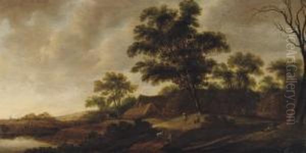 A Wooded River Landscape With Figures On A Track, A Hamlet Nearby Oil Painting by Pieter Jansz. van Asch