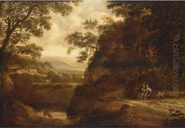 An Italianate Wooded Landscape 
With A Lady And A Sportsman Resting Under A Tree, A View Of A Temple And
 A Ruin Beyond Oil Painting by Pieter Jansz. van Asch