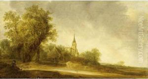 A Dune Landscape With Travellers
 And A Figure Resting, A Small Village And A Church Ruin Beyond Oil Painting by Pieter Jansz. van Asch