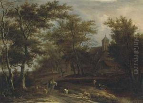 A Wooded River Landscape With A 
Peasant On Horseback, A Shepherdwith His Flock And Other Peasants 
Fishing Outside A Village Oil Painting by Pieter Jansz. van Asch