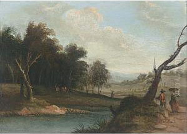 A Wooded River Landscape, A Couple And A Horseman On A Path, A Village Beyond Oil Painting by Pieter Jansz. van Asch