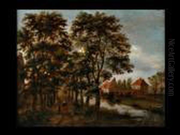 Wanderer In Einer Allee Neben Flusslauf Und Hausern Oil Painting by Pieter Jansz. van Asch