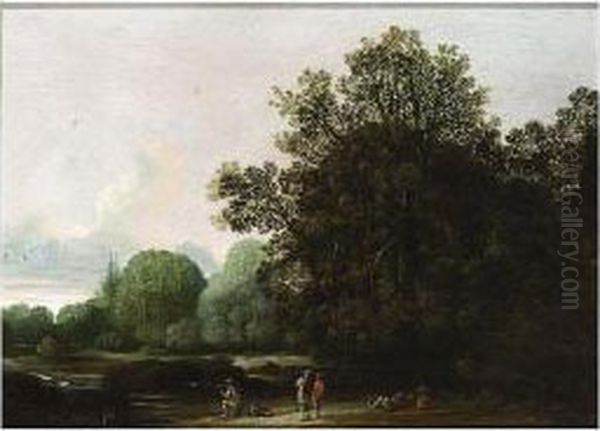 A Wooded Landscape With Sportsmen Shooting Ducks Oil Painting by Pieter Jansz. van Asch