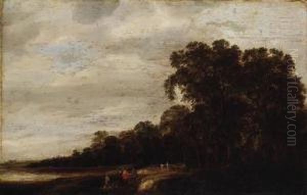 A Wooded Landscape With Huntsmen Resting On A Track Oil Painting by Pieter Jansz. van Asch