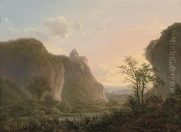 A Mountainous Wooded River Landscape With Travellers At Rest On A Track Oil Painting by Henri Van Assche