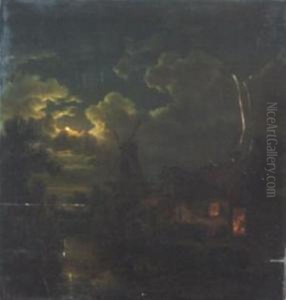 Moonlight Scene Oil Painting by Henri Van Assche