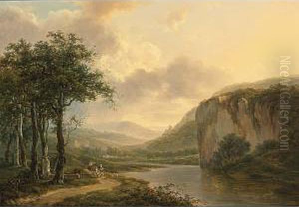 Figures Travelling Along The River Maas Near Dinant Oil Painting by Henri Van Assche