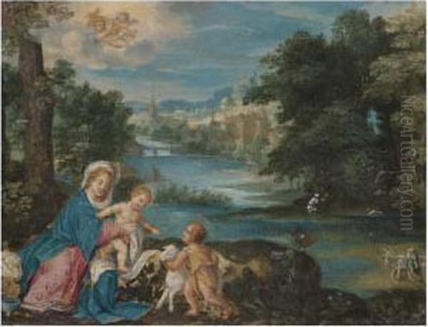 The Virgin And Child In A Landscape With The Infant Saint John The Baptist Oil Painting by Pieter Van Avont