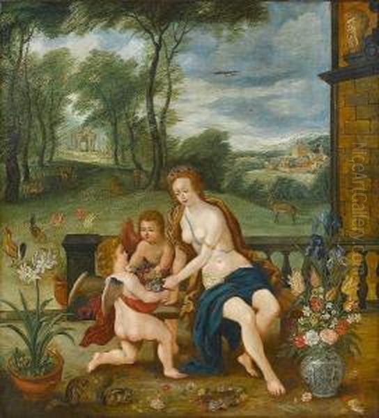 Flora Attended By Putti, A View To A Landscape Beyond Oil Painting by Pieter Van Avont