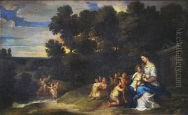 Vierge A L'enfant Avec St Jean Baptiste Et Angelots Dans Un Paysage Oil Painting by Pieter Van Avont