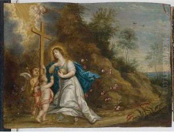 St. Catherine In A Landscape Laureated By Putti Oil Painting by Pieter Van Avont