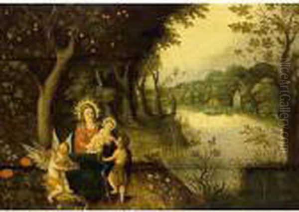 The Madonna And Child With St. 
John And Putti In A Wooded River Landscape, A Village Beyond Oil Painting by Pieter Van Avont