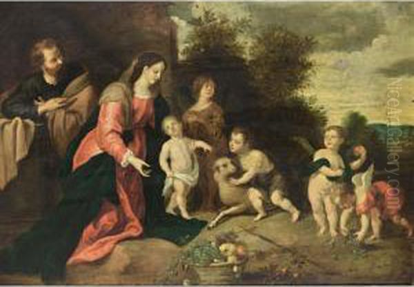 The Holy Family With St. John 
The Baptist, An Angel And Putti In A Landscape, A Fruit Still Life In 
The Foreground Oil Painting by Pieter Van Avont