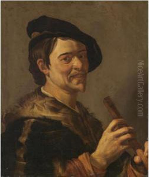 A Portrait Of The Artist, Half Length, Holding A Flute Oil Painting by Dirck Van Baburen