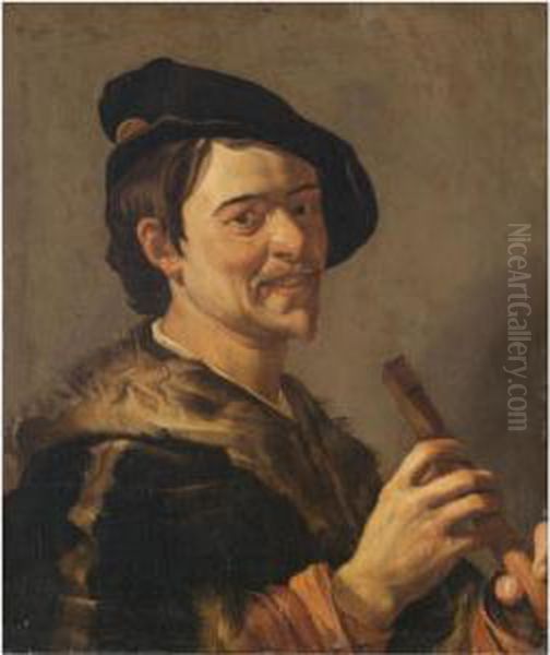 A Self Portrait Of The Artist, Half Length, Holding A Flute Oil Painting by Dirck Van Baburen